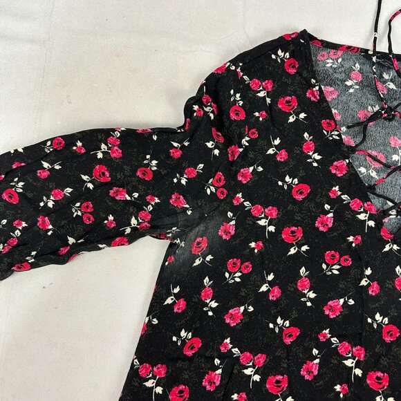 Forever 21 Womens Black & Red Floral Long Sleeve Lace-Up Blouse Medium - Picture 5 of 6